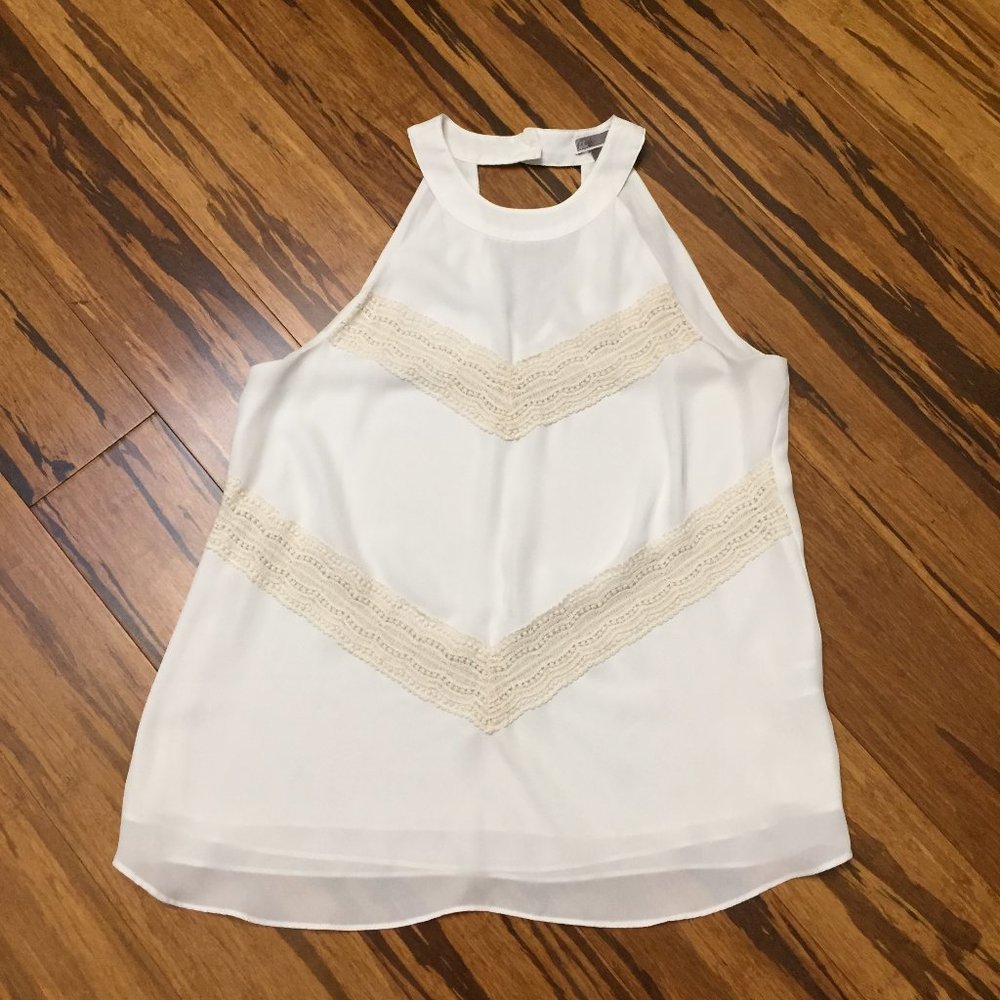 CHELSEA28 White and off white lace a-line flowy halter top S